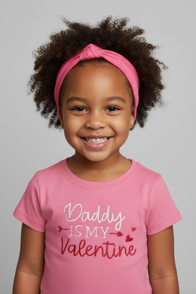 Little girl wearing Daddy is my Valentine shirt