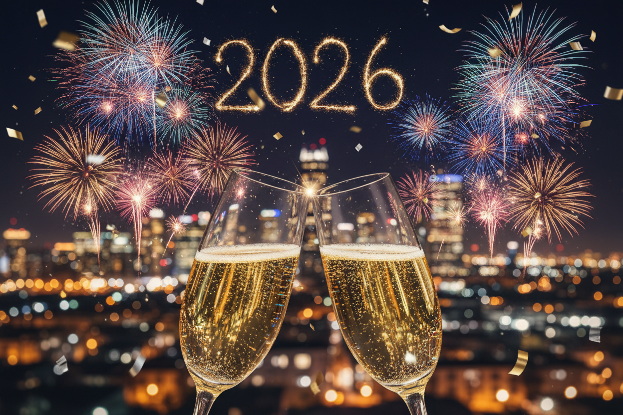 New Year fireworks skyline champagne toast