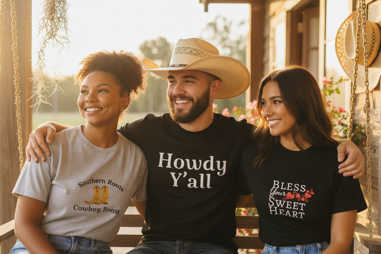 Zoomed Southern setting showcasing shirt designs